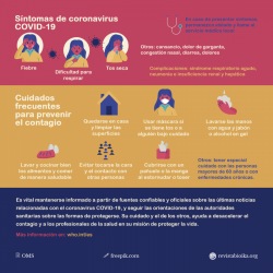Afiche sobre síntomas y cuidados del coronavirus