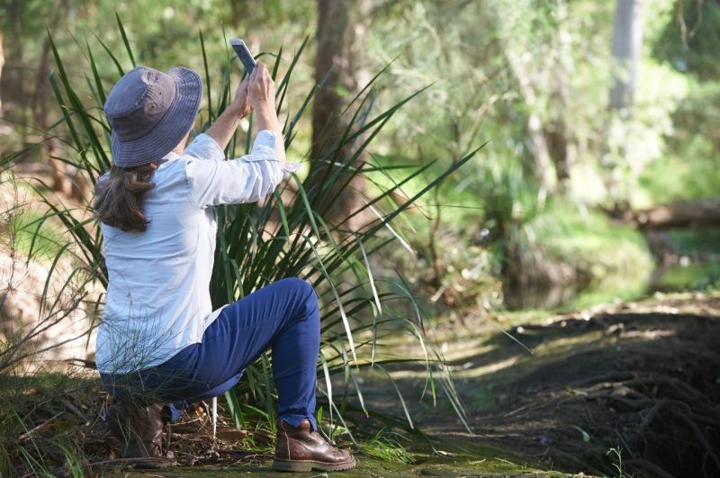 Mujer tomando fotos en ambiente natural.