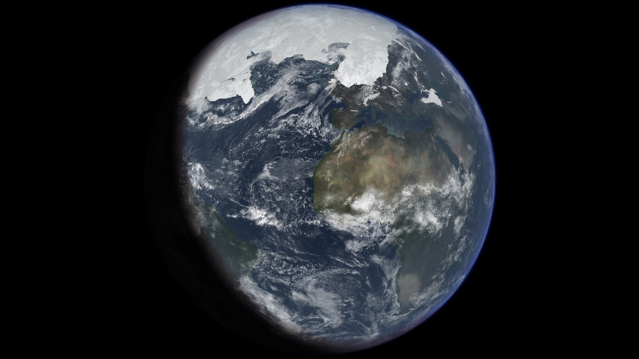 Reconstrucción artística de la Tierra durante el último glacial máximo (hace 20000 años) de la edad de hielo actual.