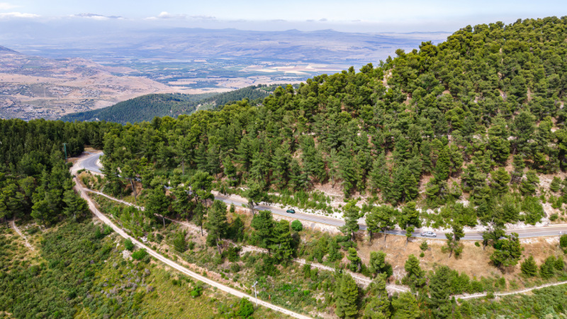 Bosque Biriya y los Altos del Golán, en primer plano. Al fondo, bajo las nubes, el monte Hermón. Situada en la región norte de Israel, fue plantada tras la limpieza étnica de seis aldeas palestinas, con recursos del Fondo Nacional Judío.