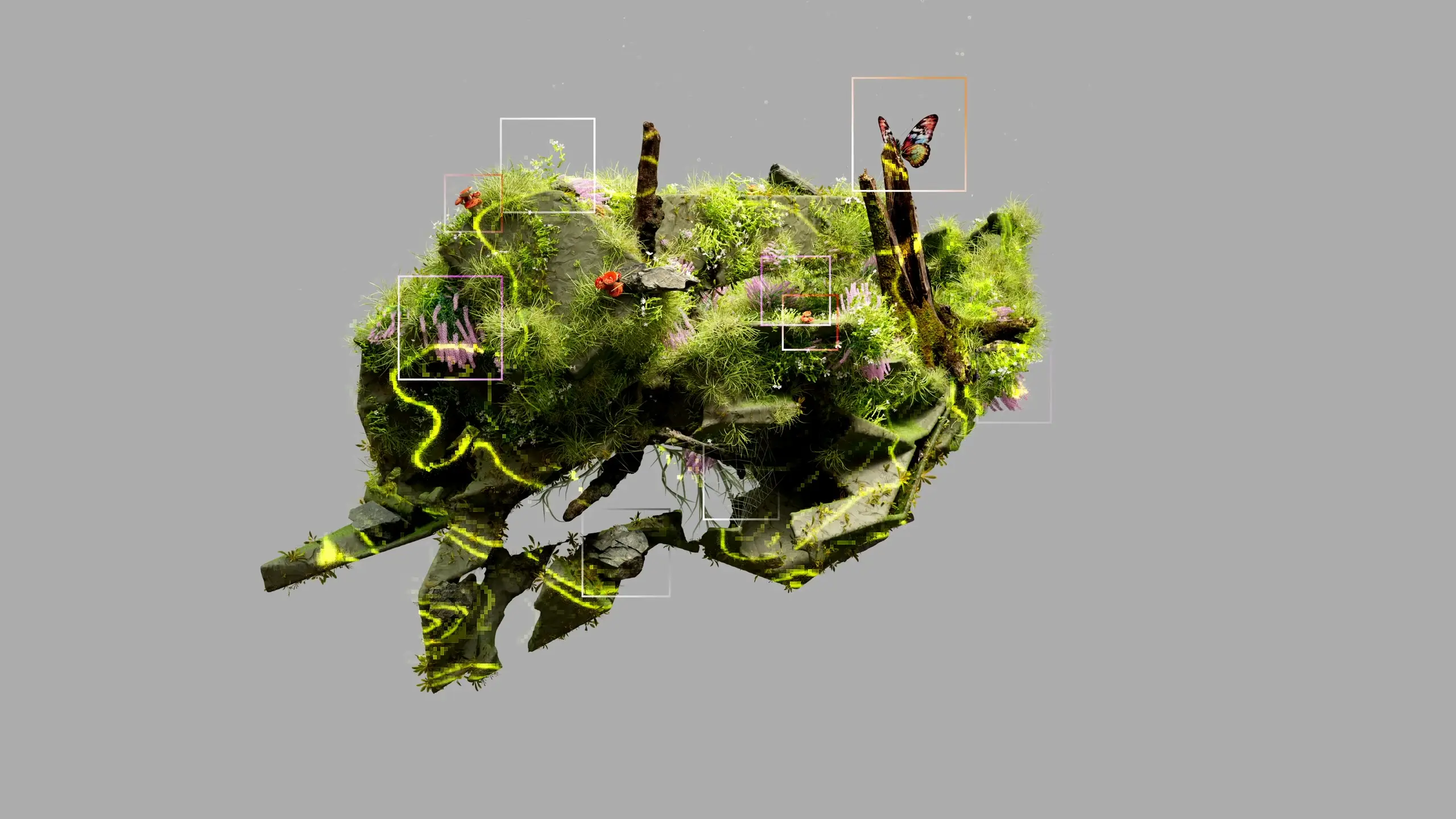 Representación abstracta y virtual de un fragmento de ecosistema generado por computador.