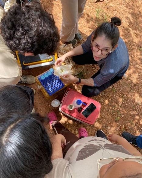 Professor explicando sobre o zooplâncton no campo