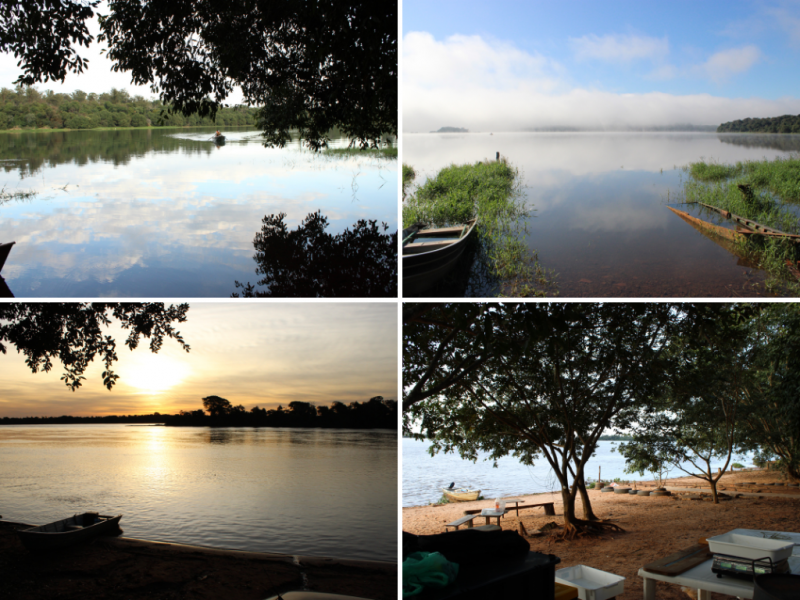 Vista de algunos puntos de pesca profesional artesanal en el embalse de Itaipú en Brasil